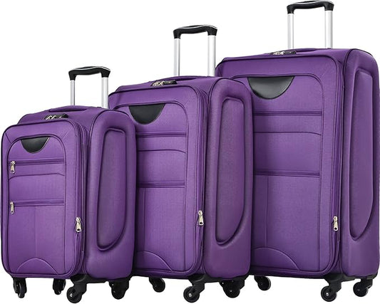 3 Piece Softshell Expandable Luggage Sets, Lightweight Travel Suitcase Set with TSA Lock and 360°Swivel Spinner Wheels, Durable Softside Luggage for Men Women, 22 in/26 in/30 in, Purple