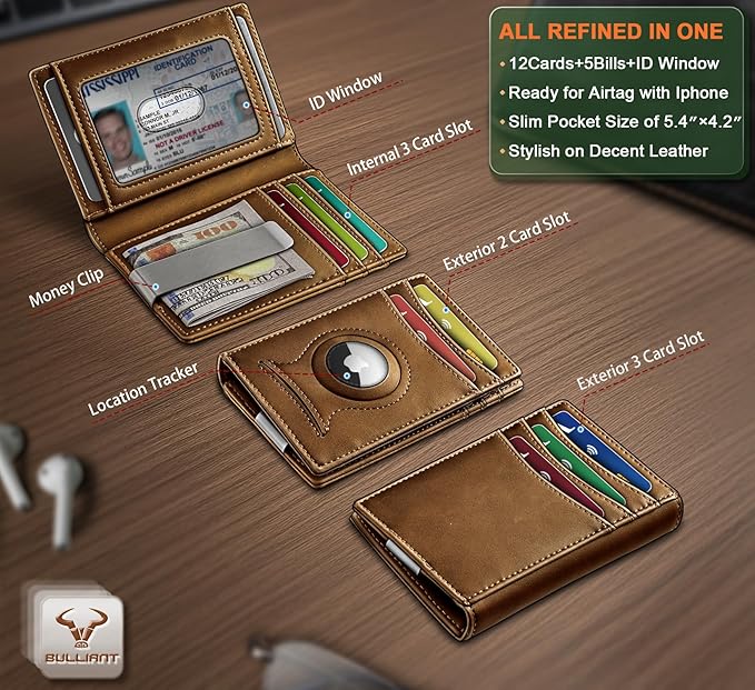 BULLIANT Men Airtag Wallet,Slim Wallet Money Clip Card Holder Magnetic Closure 12 Cards in Front Pocket RFID Blocking