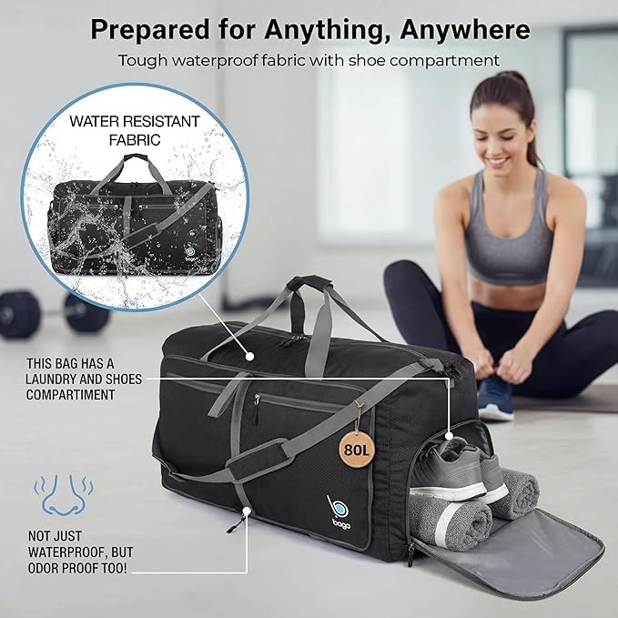Bago Large Duffle Bag for Travel Women & Men. Durable Lightweight Foldable Travel Duffel Bags For Traveling Women. 80L Duffle Bags For Overnight Bag With Shoe Compartment Collapsible Weekender duffel
