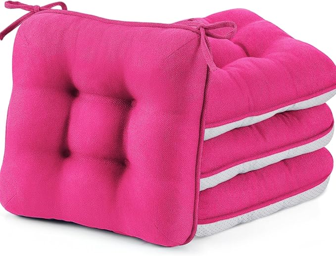 BETU Chair Cushions for Dining Chairs Set of 4,3.5" Thick Kitchen Table Chair Pads with Ties,Non Slip Backing and Covers, Seat Cushion for Dining Room,Bar,Patio Chairs,16"X16"X3.5",Hot Pink