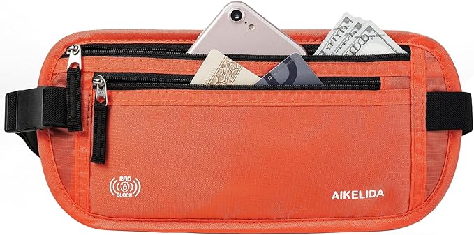 RFID Blocking Money Belt - Passport Holder & Travel Wallet, Slim Hidden Fanny Packs for Women Men - Orange