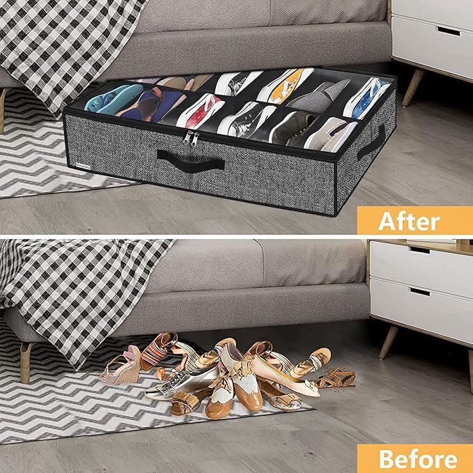 Onlyeasy Under Bed Shoe Storage Organizer For Closet, 4 Pack Fit 12x4 Pairs, Underbed Solution Shoes Container Bags with Sturdy Sidewall & Reinforced Handles, Breathable, Linen-like Black, MXAUBSB4P