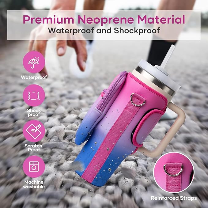 linmaya Water Bottle Carrier Bag for Stanley Cup 40/30oz with Phone Holder Pockets,Neoprene Water Bottle Cross-body Bag with Adjustable Shoulder & Hand Strap Stanley Cup Accessories