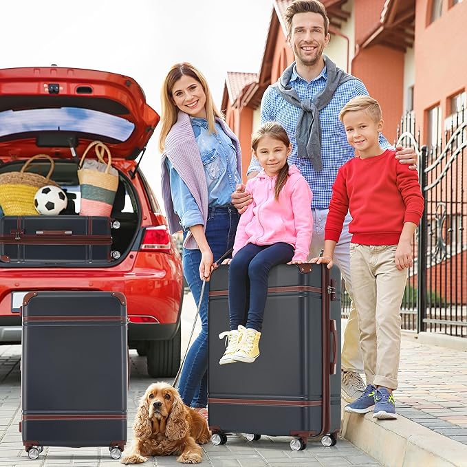 Merax Luggage Set 2 Piece Suitcase Set with Cosmetic Case Expandable Spinner Wheels Vintage Luggage Sets(Black,20"+24")