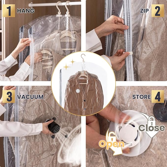 AILI Hanging Vacuum Sealer Suction Space Saver Storage Bags for Clothes Travel with Electric Air Pump And Rolling Slide Clip for Coats, Closet Organizers, 6 Long