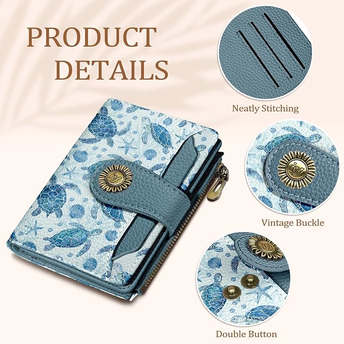 Icycay Sea Turtle Small Wallet Women RFID Blocking Bifold, Credit Card Holder, Zipper Coin Pocket, PU Leather, Cute, Compact, Travel, 4 ID Window, 14 Card Slots, Cash Purse, Ladies Woman Female Girls