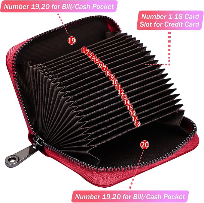 Linno RFID 20 Slots Credit Card Holder Genuine Leather Small Wallet for Women or Men with Zipper