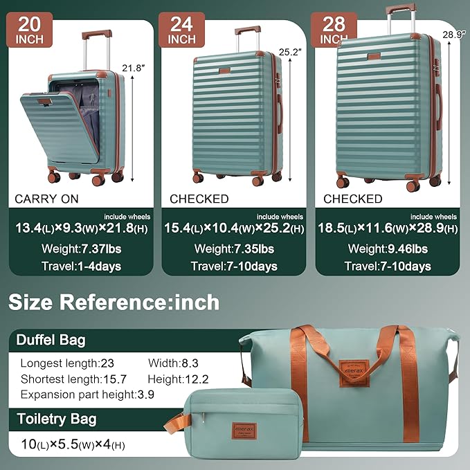 Merax Luggage Sets Front Opening, 3 Piece Hardshell Suitcase with Spinner Wheels and Bags,Lightweight Carry on Luggage with USB Port and Cup Holder,20+24+28,Blue Green