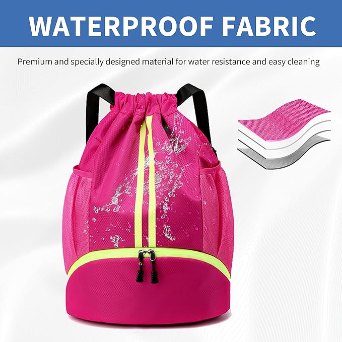 Drawstring Backpack Gym Bag with Shoes Compartment for Soccer, Basketball, Swim, Water-Resistant String Backpack Beach Cinch for Women Men, Rose