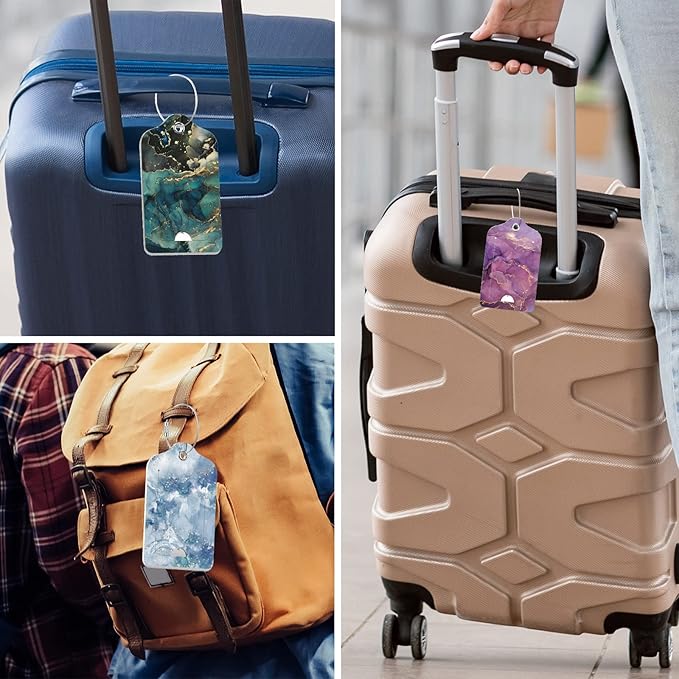 Rimilak 3 Pcs PU Leather Luggage Tags for Suitcase, Travel Cruise Luggage Tag with Privacy Flap, Name ID Label and Metal Loop for Women Men Baggage Handbag School Bag Backpack, Modern Marble