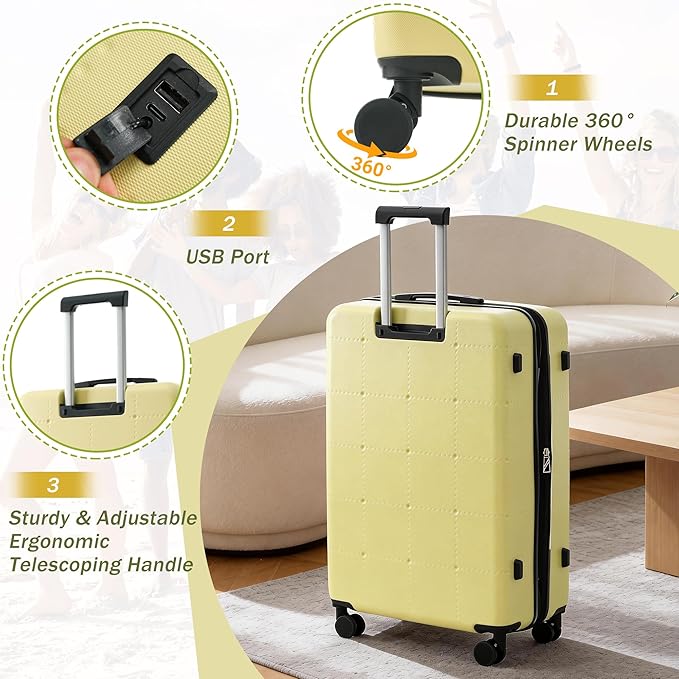 Merax Luggage Sets,5 Piece Front Half-open Hardshell Expandable Suitcase Set with Spinner Wheels and Duffel Bags,Lightweight Carry on Luggage with USB Port,20/24/28IN,Yellow-1