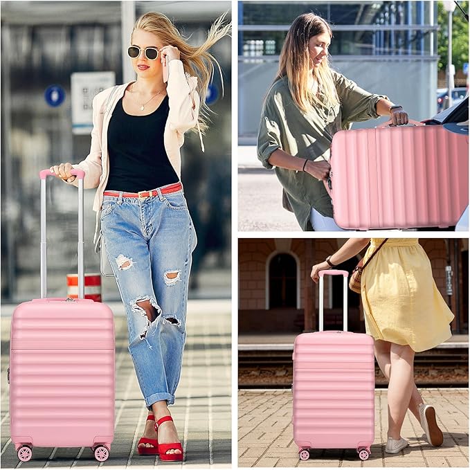 Kono Airline Approved Carry On Luggage, 22x14x9 inches, with TSA Lock, 20 Inch Expandable Lightweight Hardshell Suitcase (Pink, Suitable for 1-3 Days of Travel)