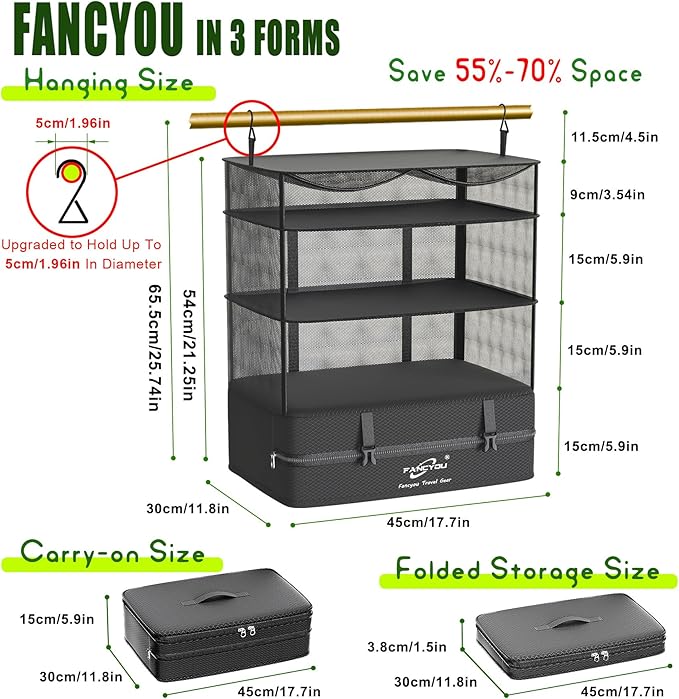 Compressible Packing Cubes Portable Hanging Closet Shelves 17"x12"x24" Extendable Travel Organizer Nylon Packing Bags for Suitcase