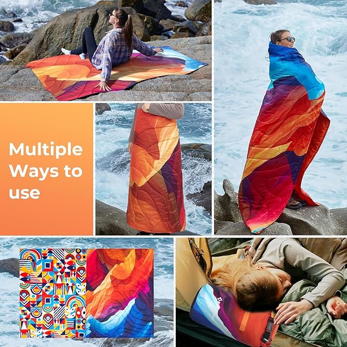 KingCamp Ultralight Camping Blanket, Packable Down Alternative Puffy Printed Wearable Blanket with Snap Buttons & Corner Loops Weatherproof Quilt for Outdoor Travel Stadium (78.7"L x 57.1"W, PEAK)