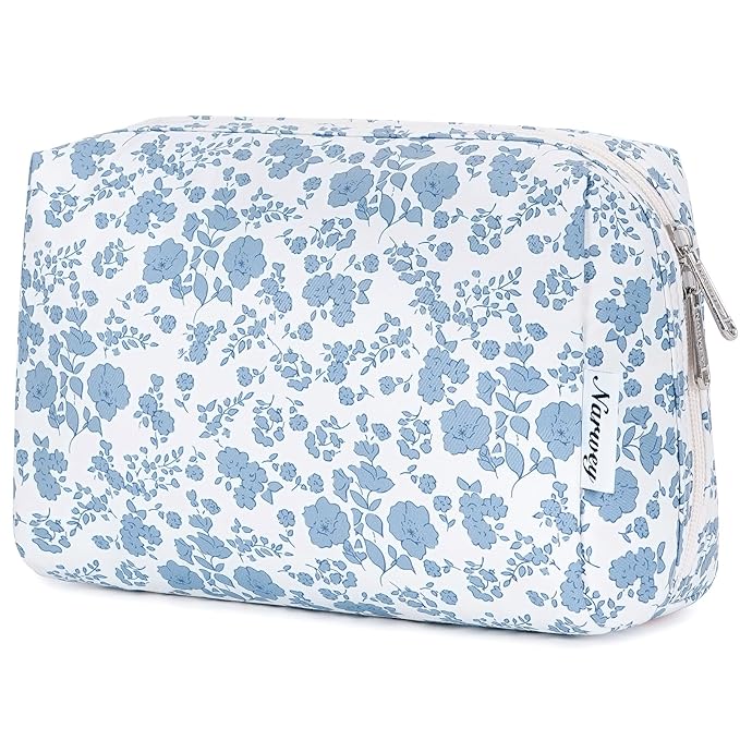 Narwey Cute Floral Makeup Bag Travel Cosmetic Bag Organizer Toiletry Bag Make Up Bags with Organized Pocket for Women Girls (Large,Blue Flower)