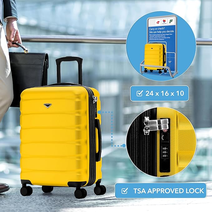 Flight Knight 24x16x10 Expandable Carry On Suitcase Hardside TSA Lock USB C Lightweight Luggage Silent Double Spinner Wheels Maximum Overhead Carry-On Bag For Virgin South West Approved Yellow