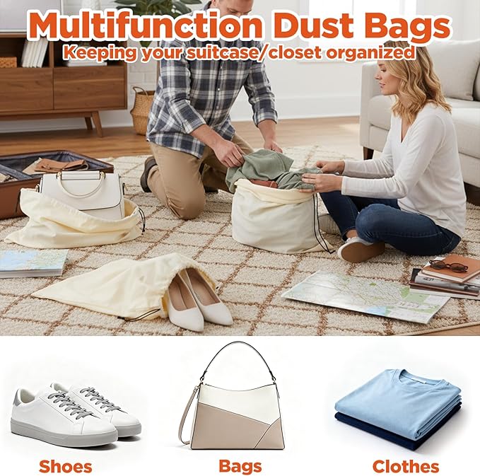 3 PCS Shoe Bags for Travel, Travel Shoe Bag with Drawstring, 15 x 19 in Flannel Shoes Dust Bags, Washable Dust Cover for Sneakers, Boots & Dress Shoes, Beige