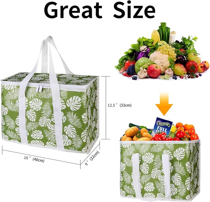 musbus 2-Pack extra Insulated Grocery shopping bag, large Green leaf, kitchen foldable reusable bags groceries,Sturdy zipper,Collapsible,tote,cooler,for transport women,Durable carrier