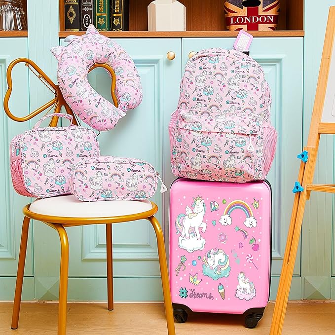 Redbaker 17 Inch 6 Pcs Kids Luggage Set Kids Rolling Luggage Double Pattern Suitcase for Boys Girls (Soft Pink, Unicorn)