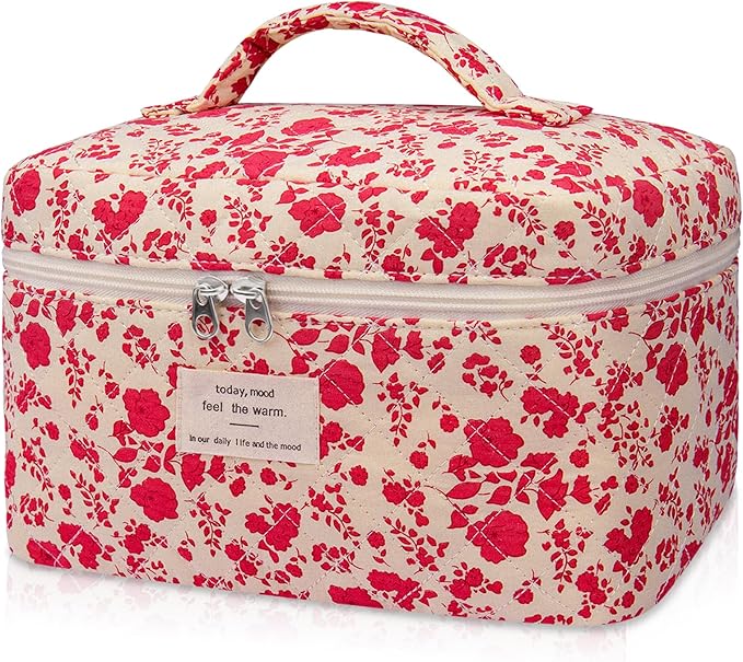 Large Makeup Bag, Cute Cosmetic Bag for Women Girls, Floral Coquette Aesthetic Toiletry Bag, Travel Make Up Organizer Bag (Pink Rose)