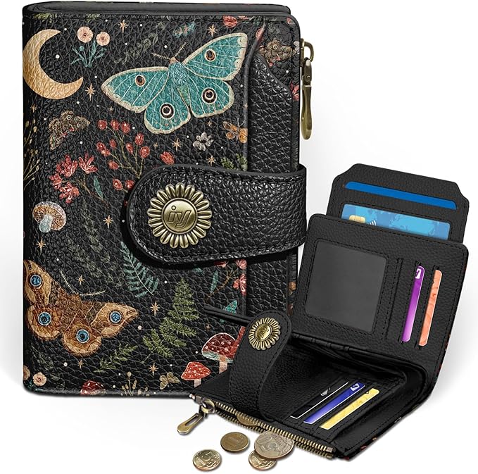 Icycay Butterfly Small Wallet Women RFID Blocking Bifold, Credit Card Holder, Zipper Coin Pocket, PU Leather, Compact, Travel, 4 ID Window, 14 Card Slots, Cash Purse, Ladies Woman Female Girls