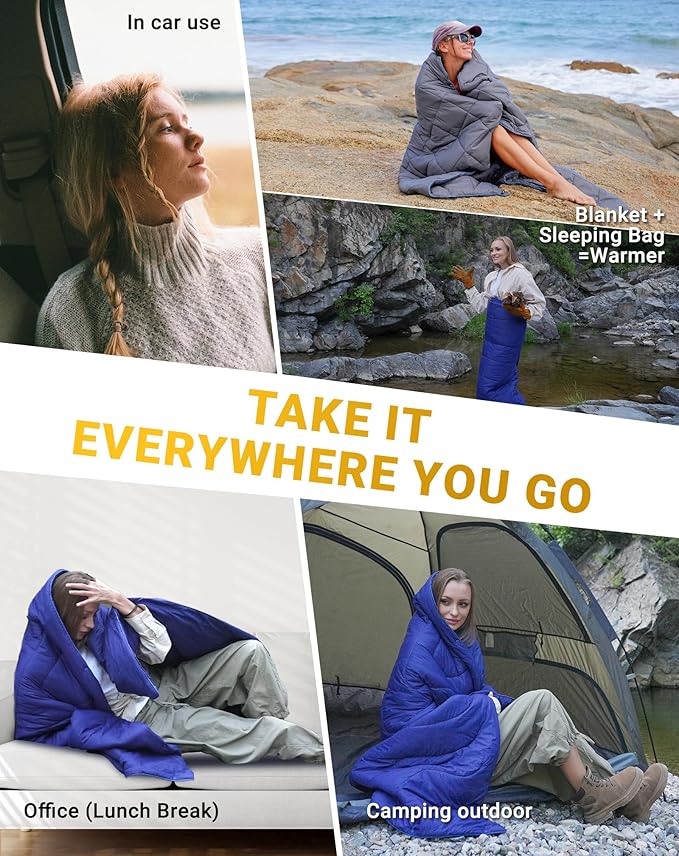 KingCamp Ultralight Camping Blanket, Packable Down Alternative Puffy Wearable Blankets Weatherproof Warm Package Quilt with Snap Buttons for Outdoor Hiking Travel Picnic Stadium (69" L x 53", Olive)