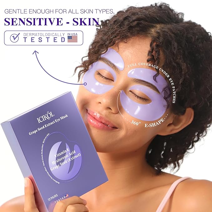Under Eye Patches with Grape Seed Extract, Eye Patches for Puffy Eyes and Dark Circles, 360° Under Eye Mask for Radiance Boosting Effect, Dark‑Circle Reduction, Relieves Skin, 12 Pairs (Purple)