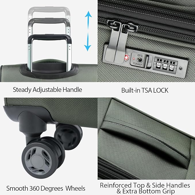 KROSER Softside Expandable checked Luggage with Front Business Pockets，24 Inch Suitcases with Spinner Wheels & Built-in TSA Lock, Durable Suitcase Rolling Luggage, Army Green