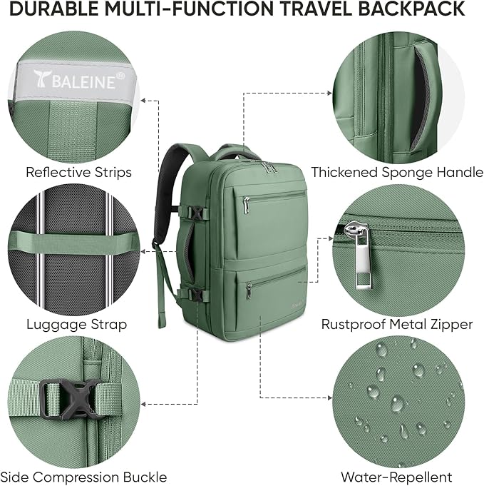 BALEINE Travel Backpack for Women Men, Large Sturdy Carry On Laptop Backpack Gifts for Business, Casual, Weekender, Hiking (Large, Olive Green)