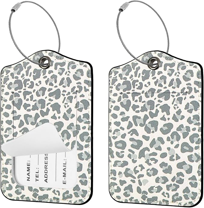 Seorsok 2 PCS Luggage Travel Tags for Suitcases,Cute White Leopard PU Leather Name Tag with Privacy Cover&ID Label Address Card and Durable Metal Ring Suitable for Men Women Handbags Backpack