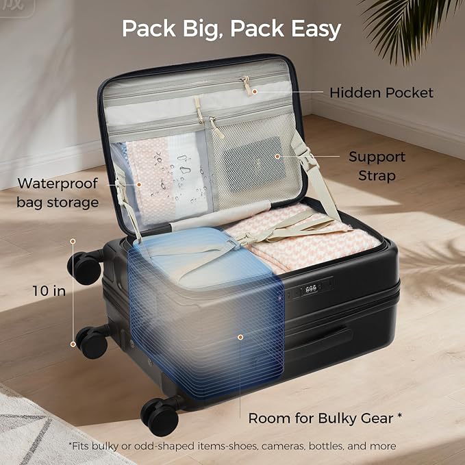 Carry On Luggage Top Opening with Cup Holder & Phone Holder, Expandable PC Hard Shell Suitcase, USB Charging Port, Side Hook, 360° Spinner Wheels, TSA Lock & YKK Zippers for Women Man Gifts