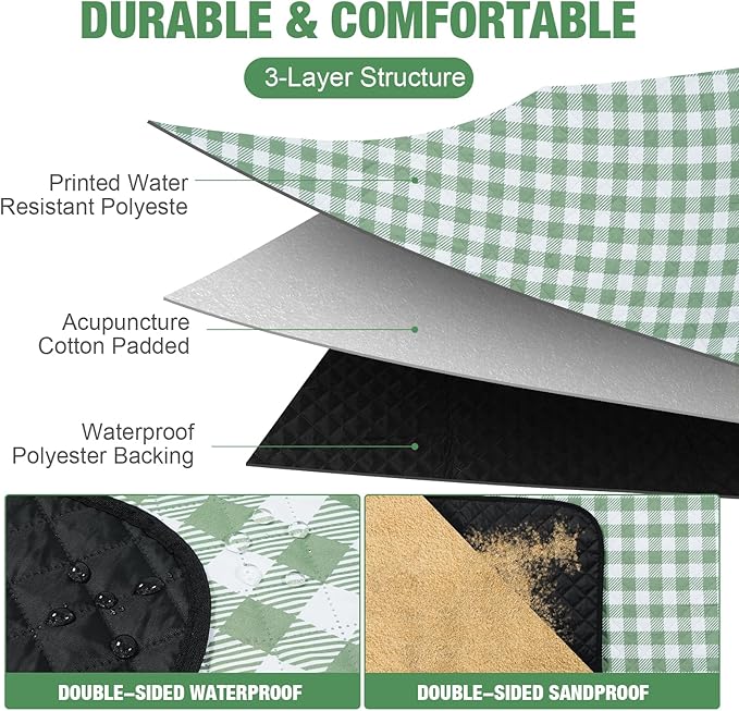 G GOOD GAIN Picnic Blankets Outdoor Extra Large - 80"x80" Portable Waterproof Picnic Blanket, Machine Washable 3-Layer Foldable Park Mat with Sandproof Backing for Grass, Hiking, Travel (Olive Green)