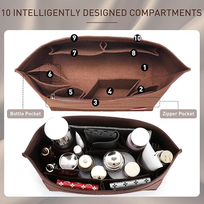 Doxo Purse Organizer Insert for Handbags & Base Shaper 2pc Set, Felt Bag Organizer for Tote with 3 Sizes, Compatible with Neverful PM and More (PM-Brown-Medium)