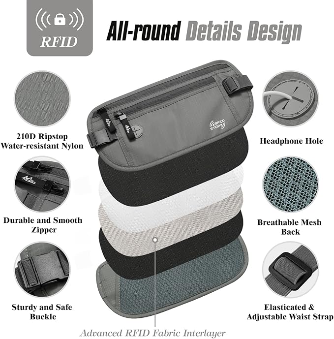 MoKo Secure Travel Money Belt, Undercover Hidden RFID Blocking Travel Wallet, Anti-Theft Passport Wallets for Men Women