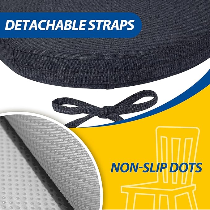 AAAAAcessories D-Shaped Chair Cushions, 2" Thick Dining Chair Pads with Ties and Removable, Machine-Washable Cover, 17" x 16", Set of 4, Charcoal Gray