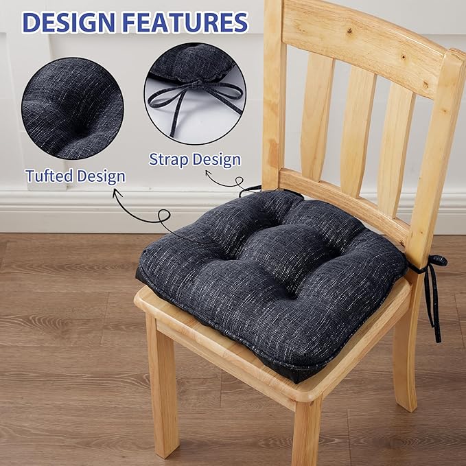 Chair Cushions for Dining Chairs Set of 2, Kitchen Chair Cushions, Chair Pads with Ties and Non Slip Backing, Tufted Memory Foam Seat Cushion 2 Pack, 15.5" x 15.5" x 4", Navy Blue