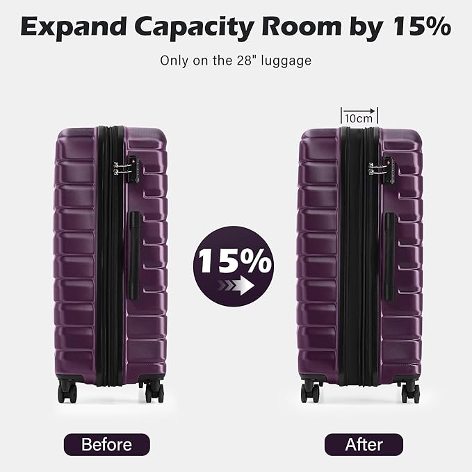 COOLIFE Luggage Expandable Suitcase PC ABS TSA Luggage 3 Piece Set Lock Spinner Carry on (purple, 3 piece set)