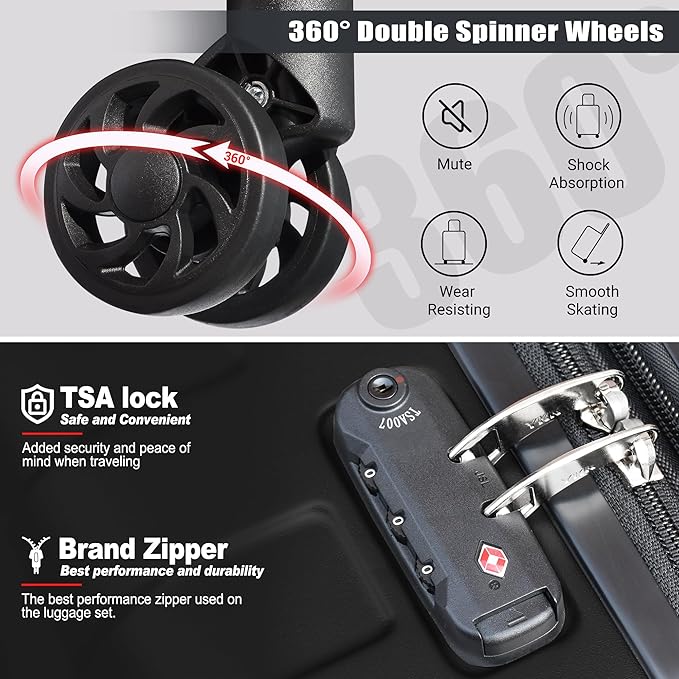 Zebra Luggage Sets 5 Piece, Lightweight Hardside Business Travel Suitcase Set with TSA Lock, Bonus Travel Backpack & Makeup Bag, 20/24/28 inch,Black