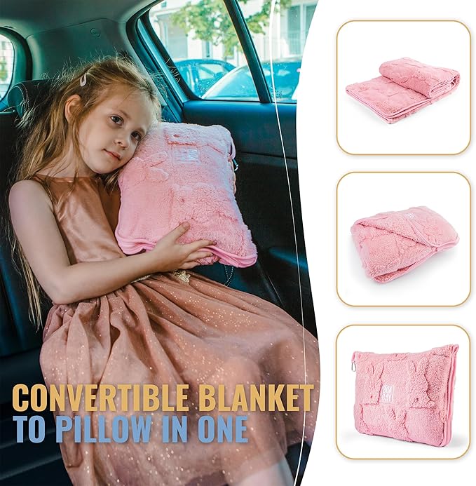 BOACAY Travel Toddler Blanket for Airplane, Car - Soft Kids Throw Blanket for Daycare - Pillow for Girls, Boys with Backpack Clip, Luggage Sleeve