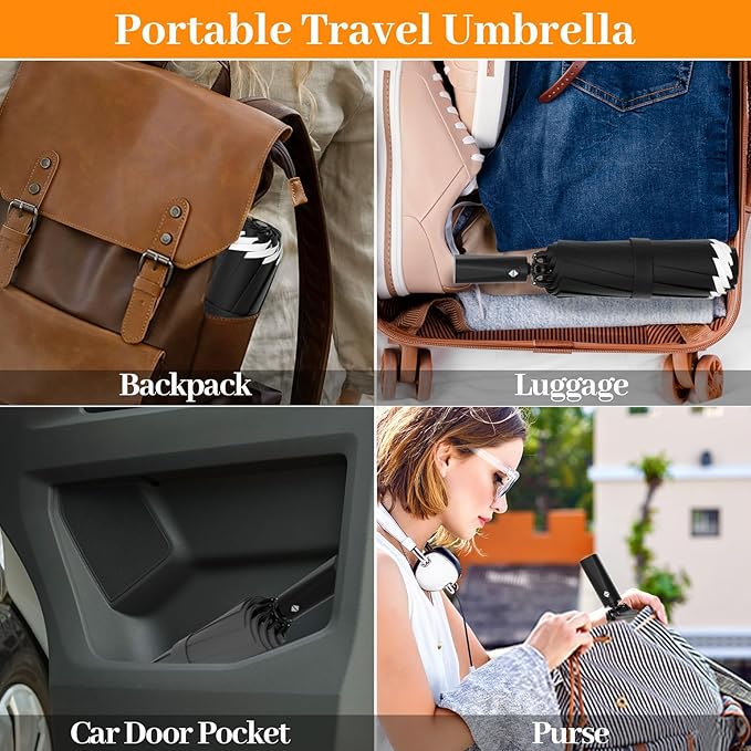 ExploreBliss Travel Umbrella Superior, Beautiful & Compact, Large Strong but Light Portable and Automatic Folding Rain Umbrella, Premium Grip, Fits Car & Backpack