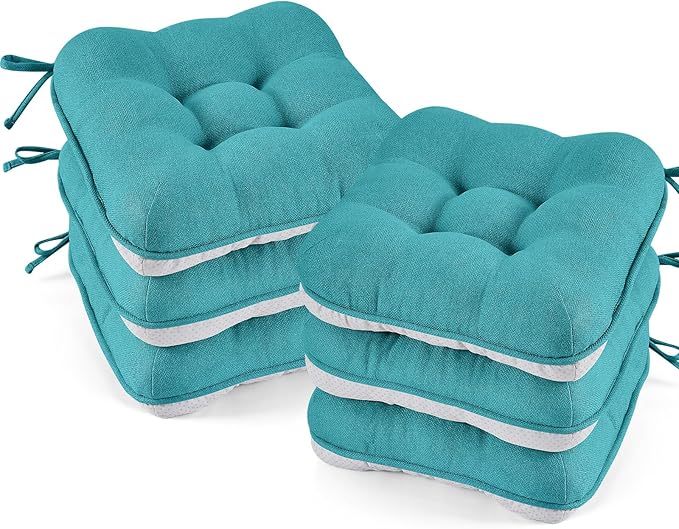 BETU Chair Cushions for Dining Chairs Set of 6,3.5" Thick Kitchen Table Chair Pads with Ties,Non Slip Backing and Covers, Seat Cushion for Dining Room,Bar,Patio Chairs,16"X16"X3.5",Teal