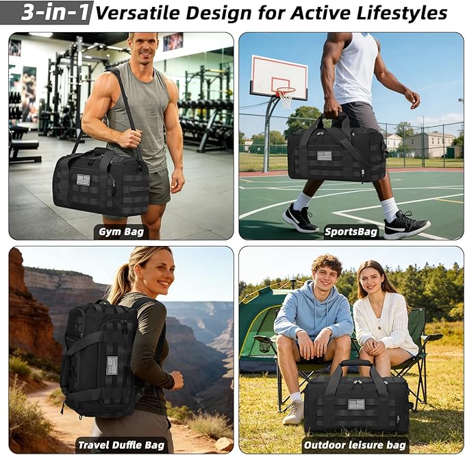 ZOMFELT Tactical Gym Bags for Men, 22x14x9 Carry On Luggage Duffle Bag for Travel, 3-in-1 Sports Basketball Soccer Bag with Removable Dividers & Shoe Compartment, Weekender Overnight Travel bag, Black