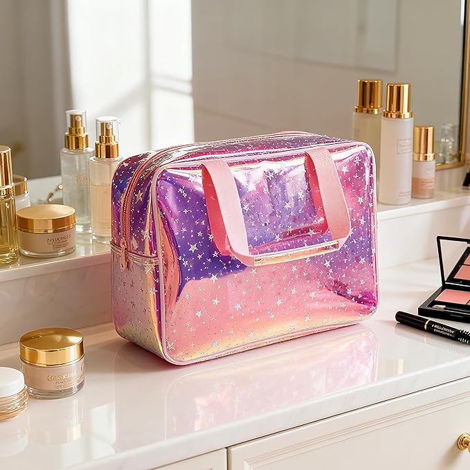 TPU Holographic Pink Star Large Cosmetic Bag 12x5x8 inch Travel Pouch with Handle,Durable Material,Zipper Design-Ideal for Makeup,Travel Essentials (9593-8)