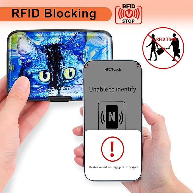 Mayski Credit Card Holder, RFID Blocking, Aluminum Alloy Hard Case, Small Mini Business Metal Wallet for Women Men, Blue Cat