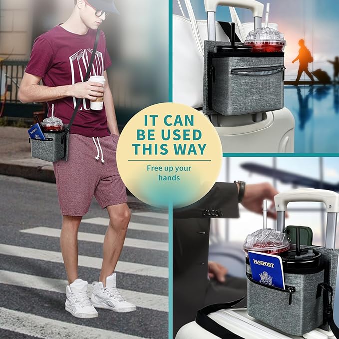 Travel Luggage Cup Holder, Liveagain Drink Caddy, Luggage Cup Holder Attachment, Free Hand Suitcase Drink Carrier for Drinks Beverages, Coffee, Bottles, Snack (Gray)