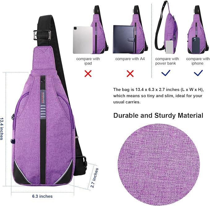 WATERFLY Tiny Crossbody Sling Backpack Anti Theft Backpack for Traveling Chest Shoulder Bag (Purple)