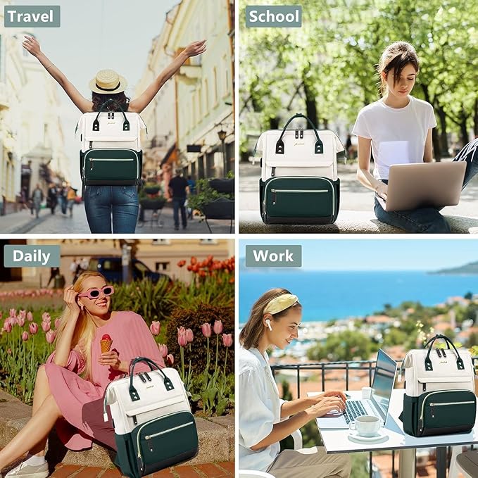 Laptop Backpack Women Work Bag: 15.6 inch Work Bookbag with USB Charging Port Large Travel Backpack Purse for College Nurse Casual Daypack for Teacher Professional Computer Backpack Beige Green