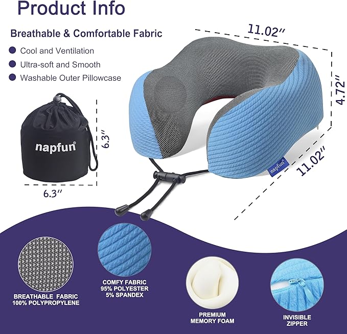 napfun Neck Pillow for Travel with Travel Pouch, Sleep Mask & Earplugs, Memory Foam Airplane Pillow for Headrest Sleep with Eyeshades, Plane Essentials with Eye Blindfold, Sky Blue Striped Kit