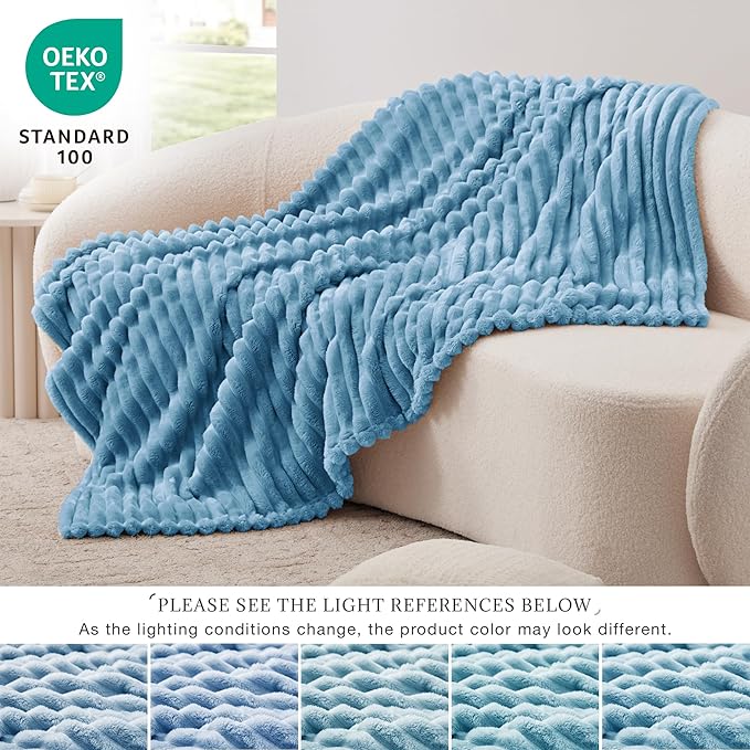 EXQ Home Fleece Throw Blanket for Couch or Bed - 3D Stripe Jacquard Decorative Blankets - Cozy Soft Lightweight Fuzzy Flannel Blanket Suitable for All Seasons(50"×60",Blue)