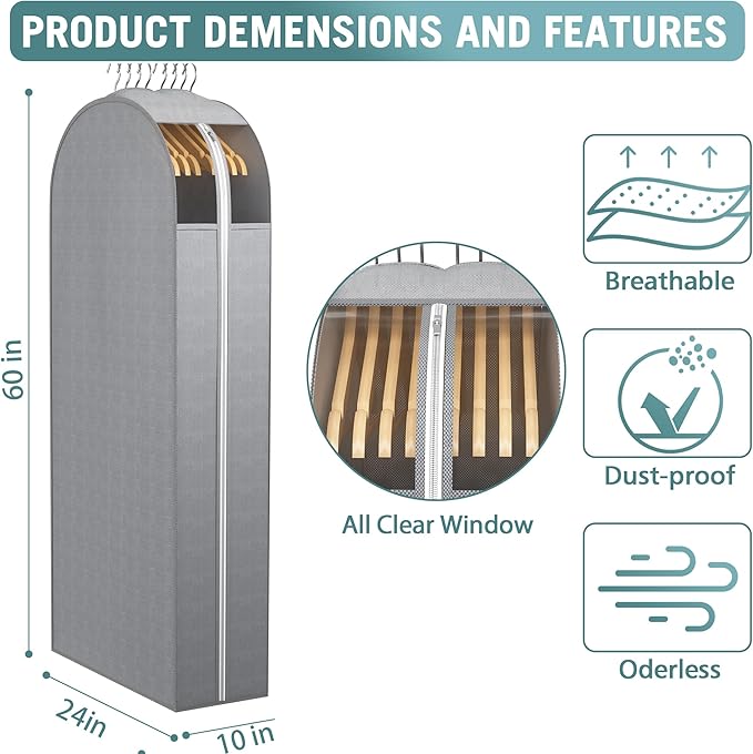 Liuoud 10" Gusseted Garment Bags for Hanging Clothes with clear window, 60" Suit Bags for Open Closet Storage, Clothing Cover for Coat, Dress, Jacket, Shirt, Fur Wardrobe Protector, 4 Packs